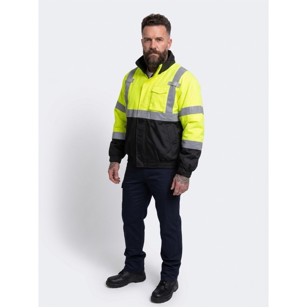 GSS Safety High Visibility Bomber Jacket Lime Yellow Black‎ Reflective Mens MD